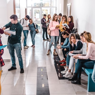 Group of students standing in hallway