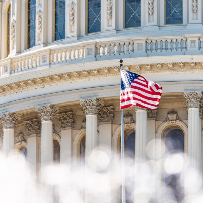 US Congress dome closeup with background of water fountain splashing