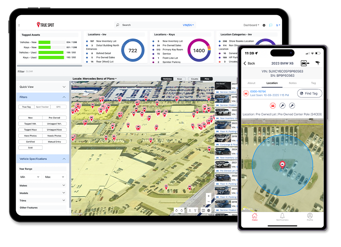 Screenshots of TrueSpot LM360 software on tablet and phone