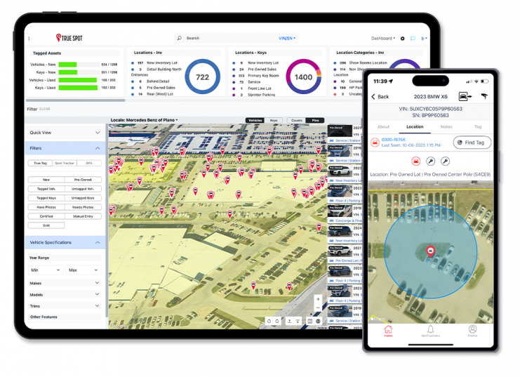 Screenshots of TrueSpot LM360 software on tablet and phone